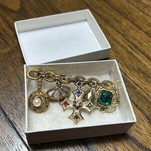 Vintage 80's Long Gold color Pin/Brooch W/Crown /Jewels/Cross/Pearl